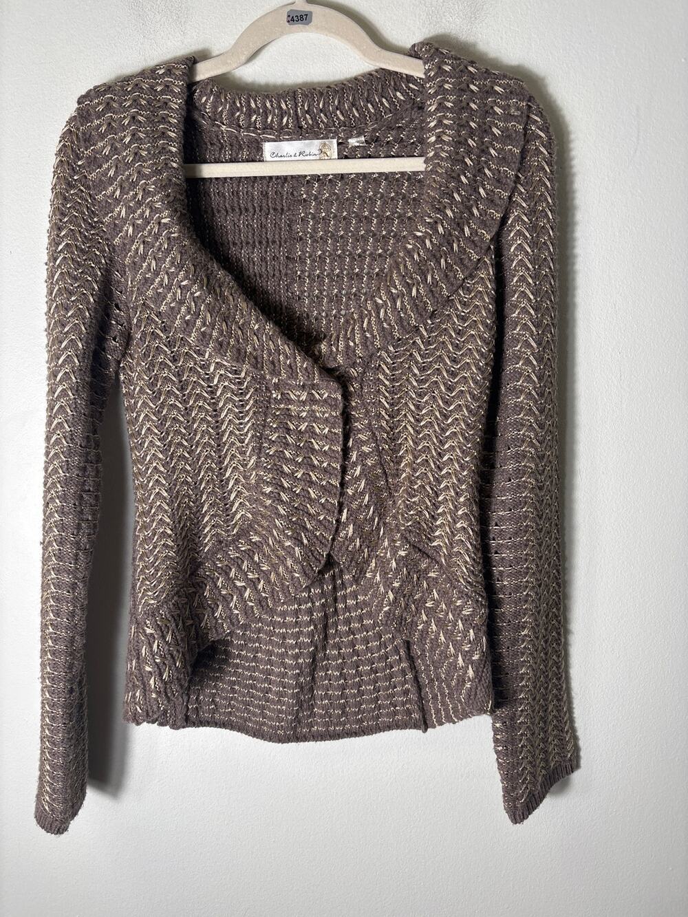 Charlie and Robin Brown Knit Open Cardigan Sweater with Gold Threading Sz S